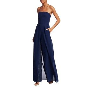 NWT Halston Womens Navy Georgette Overlay Sequin Strapless Jumpsuit Size 2